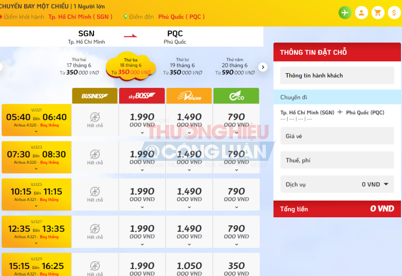 Giá vé từ TP. HCM đi Phú Quốc giữa tháng 6/2024