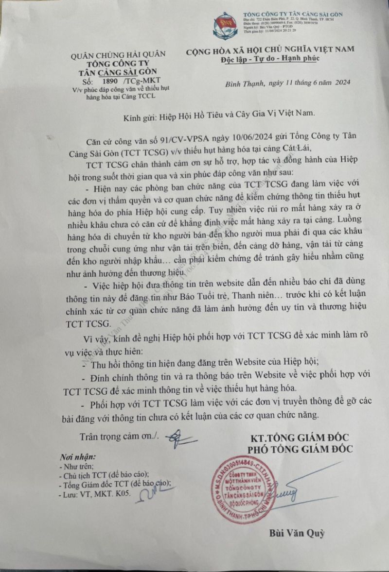 Công văn phúc đáp của Tổng công ty Tân cảng Sài Gòn gửi đến Hiệp hội Hồ tiêu và cây gia vị Việt Nam