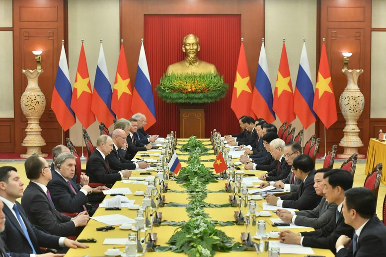 Tổng Bí thư Nguyễn Phú Trọng đã hội đàm với Tổng thống Vladimir Putin tại Trụ sở Trung ương Đảng - Ảnh: VGP/Nhật Bắc