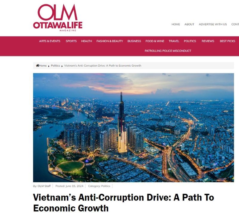 Bài viết về nỗ lực phòng chống tham nhũng của Việt Nam trên tạp chí Ottawa Life của Canada. (Ảnh chụp màn hình)