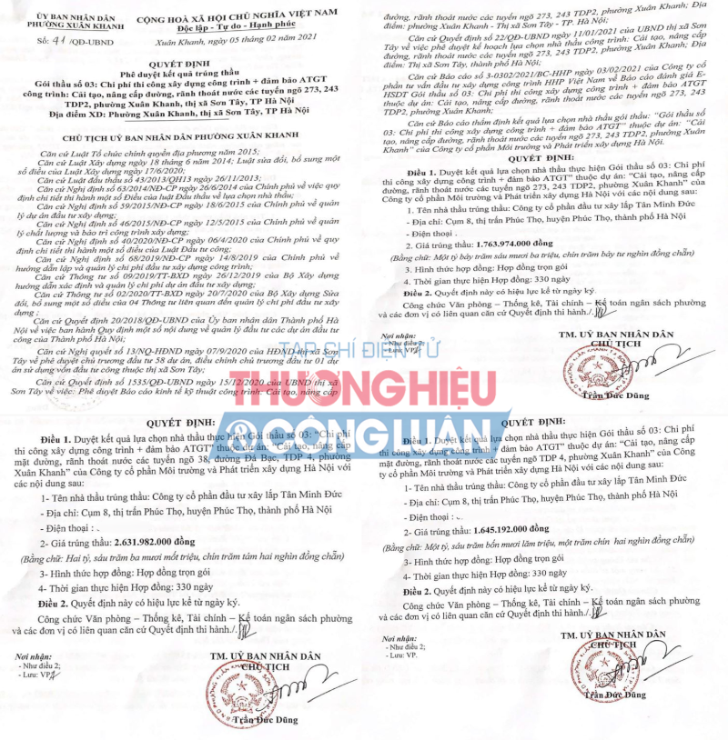Trong ngày 5/2/2021, Công ty Tân Minh Đức đã trúng liên tiếp 3 gói thầu do ông Trần Đức Dũng – Chủ tịch UBND phường Xuân Khanh ký.