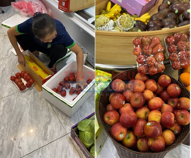 Những lô hoa quả này được nhập nguyên thùng, qua siêu thị và xếp lên khay bán đến tay khách hàng. Hầu như không hề có thông tin về nguồn gốc sản phẩm