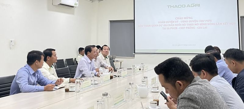 Ông Võ Minh Quang - Giám đốc điều hành Xí nghiệp Bò Ia Puch (ở giữa bên trái) giới thiệu mô hình sản xuất kinh doanh bò tại Xí nghiệp Ông Võ Minh Quang - Giám đốc điều hành Xí nghiệp Bò Ia Puch (ở giữa bên trái) giới thiệu mô hình sản xuất kinh doanh bò tại Xí nghiệp