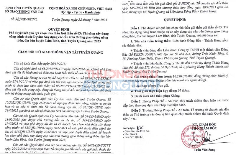 Liên danh Công ty Đông Bắc - Công ty Thành Hưng trúng Gói thầu số 03 thi công xây dựng công trình các cầu trên đường giao thông nông thôn địa bàn huyện Lâm Bình, tỉnh Tuyên Quang năm 2023