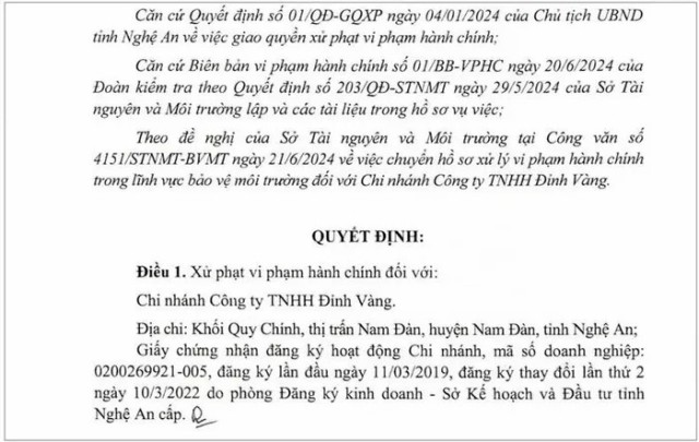 uyết định xử phạt của UBND tỉnh Nghệ An đối với Chi nhánh Công ty trách nhiệm hữu hạn Đỉnh Vàng vì vi phạm lĩnh vực môi trường.