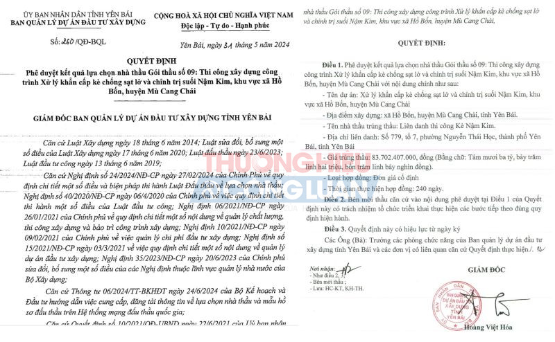 Công ty Lương Gia nằm trong liên danh trúng gói thầu thi công xây dựng công trình xử lý khẩn cấp kè chống sạt lở và chỉnh trị suối Nậm Kim khu vực xã Hồ Bốn huyện Mù Cang Chải với tỷ lệ tiết kiệm chỉ ở mức 0,065%