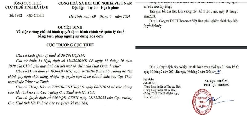 Quyết định cưỡng chế thuế bằng biện pháp ngừng sử dụng hóa đơn đối với Công ty TNHH Phonesack Việt Nam của Cục Thuế tỉnh Hà Tĩnh.