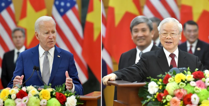 Tổng Bí thư Nguyễn Phú Trọng và Tổng thống Mỹ Joe Biden phát biểu tại cuộc họp báo chung tại Hà Nội ngày 10/9/2023. Ảnh: Đăng Khoa