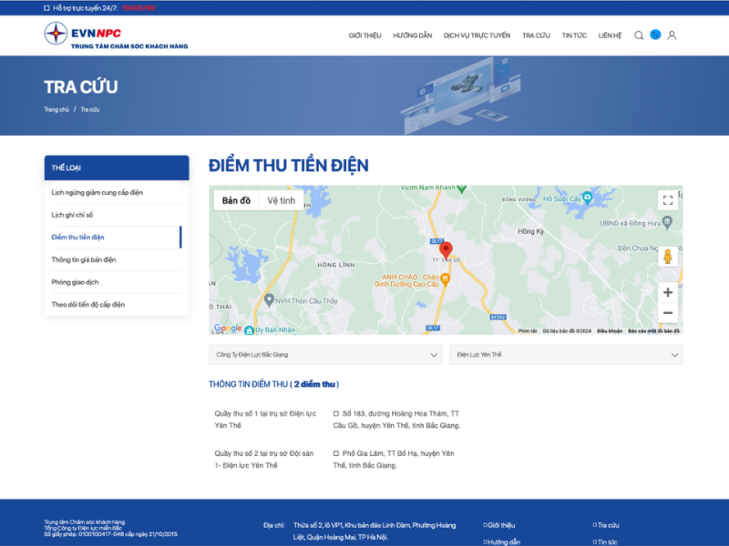 Giao diện kết quả tìm kiếm các điểm thu tiền điện thuộc Điện lực Yên Thế - Công ty Điện lực Bắc Giang