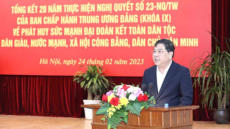 Bí thư Tỉnh ủy Nam Định, Phạm Gia Túc phát biểu tại  Hội thảo khoa học tổng kết 20 năm thực hiện Nghị quyết 23-NQ/TW ngày 12/3/2003 của Ban Chấp hành Trung ương Đảng (khóa IX) về phát huy sức mạnh đại đoàn kết toàn dân tộc vì dân giàu, nước mạnh, xã hội công bằng, dân chủ, văn minh.