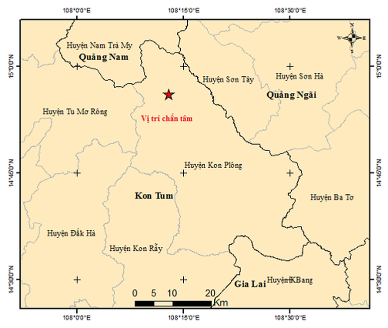 Bản đồ chấn tâm trận động đất thứ 13 xảy ra lúc 19h53 ngày 28/7