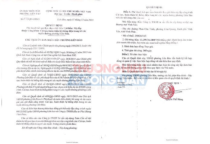 gói thầu xây lắp dự án Cải tạo, hoàn thiện hệ thống điện trang trí các tuyến đường phường Liên Bảo tiết kiệm ngân sách Nhà nước , tiết kiệm vỏn vẹn 5,7 triệu đồng(tương đương 0,04%).