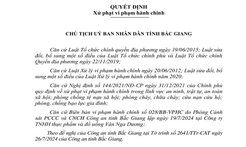 Quyết định xử phạt đối với Công ty TNHH Thực phẩm và đồ uống Vân Nga Dương, thị trấn Đồi Ngô (Lục Nam).