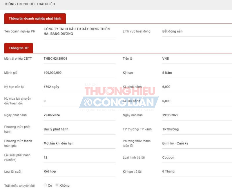 Lô trái phiếu THBCH2429001 ngày 29/6/2024 với giá trị 600 tỷ đồng, kỳ hạn 5 năm, lãi suất phát hành 12%/năm.