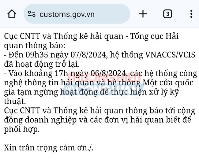 Website của ngành hải quan, hệ thống công nghệ thông tin và một cửa quốc gia thông báo phải tạm ngừng vì lỗi kỹ thuật.