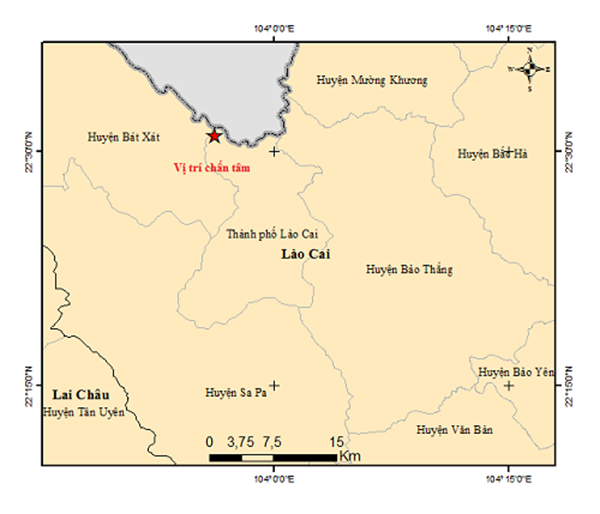 Bản đồ tâm chấn động đất ở TP Lào Cai. (Ảnh: Viện vật lý địa cầu)​​​​​