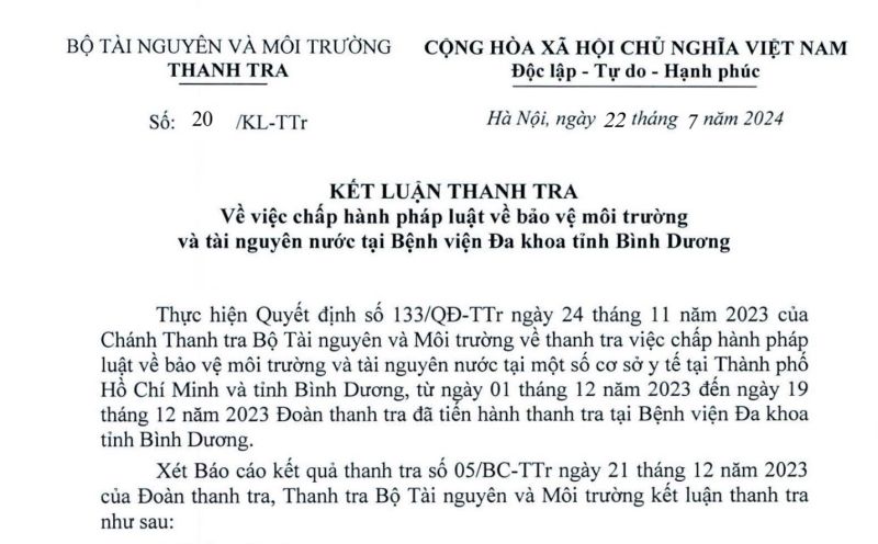 Xử phạt Bệnh viện Đa khoa tỉnh Bình Dương 370 triệu đồng vì các hành vi vi phạm môi trường