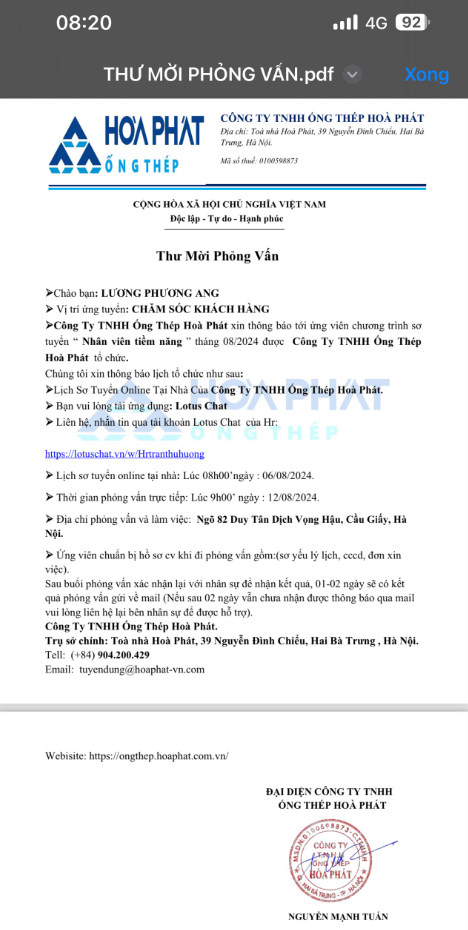 Thư mời tuyển dụng, giả chữ ký và con dấu giả mạo Công ty Ống thép Hòa Phát