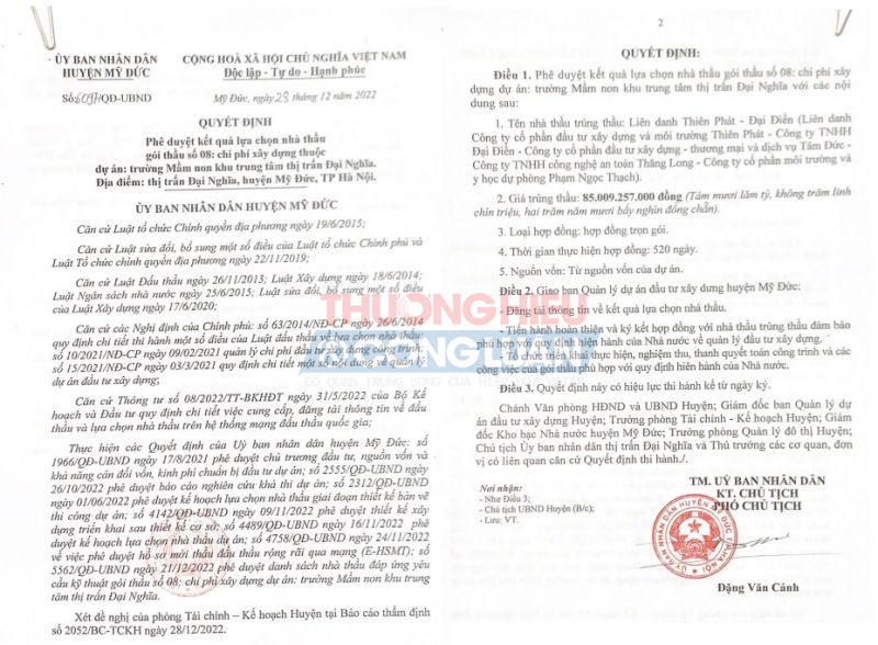 Liên danh Công ty Đại Điền - liên tục nhận được sự tin tưởng của Ban QLDA Đầu tư xây dựng huyện Mỹ Đức