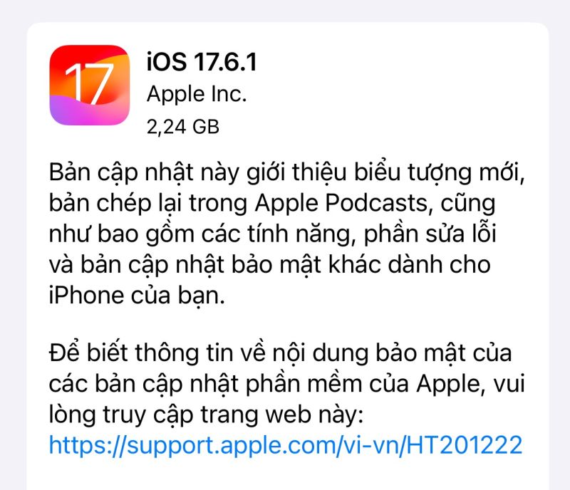 Apple phát hành bản cập nhật iOS 17.6.1 nhằm vá lỗi quan trọng