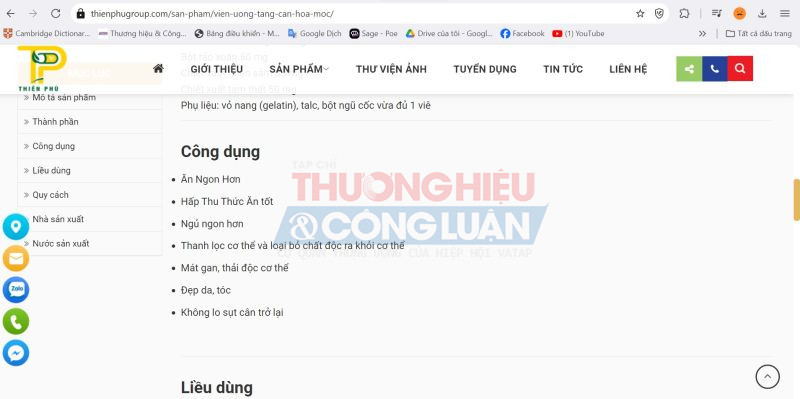 Công dụng được “thổi phồng” của viên uống tăng cân Hoa Mộc quảng cáo trên trang web