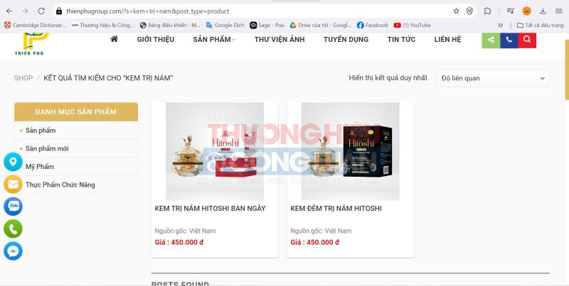 Combo kem trị nám ban ngày và ban đêm Hitoshi được quảng cáo trên website Thiên Phú Group