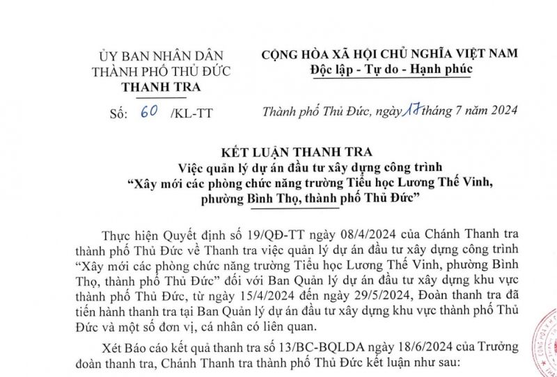 Một phần Kết luận thanh tra số 60/KL-TT