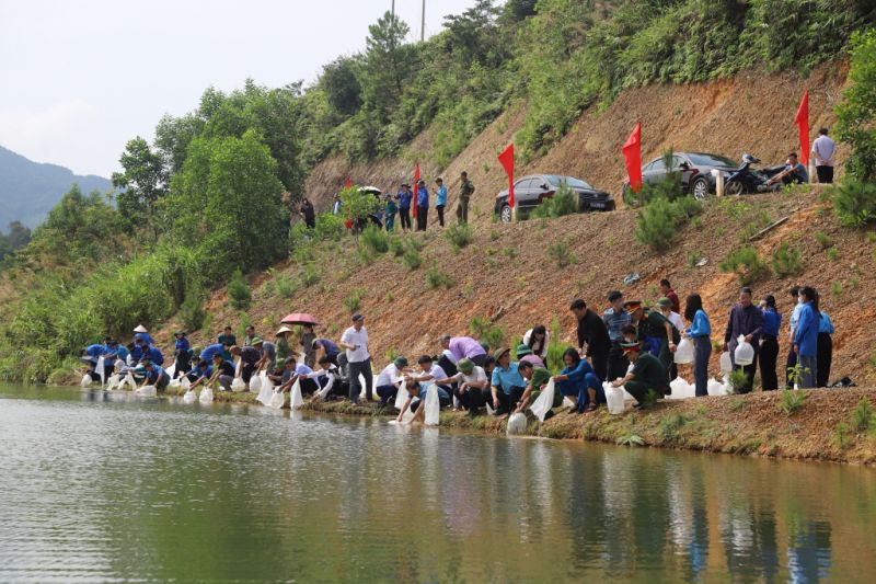 Lãnh đạo Sở Nông nghiệp và Phát triển nông thôn, lãnh đạo huyện Bình Liêu, Hội Nghề cá tỉnh, cán bộ, nhân dân huyện Bình Liêu thả gần 60.000 con cá giống xuống hồ chứa nước Nà Mo.