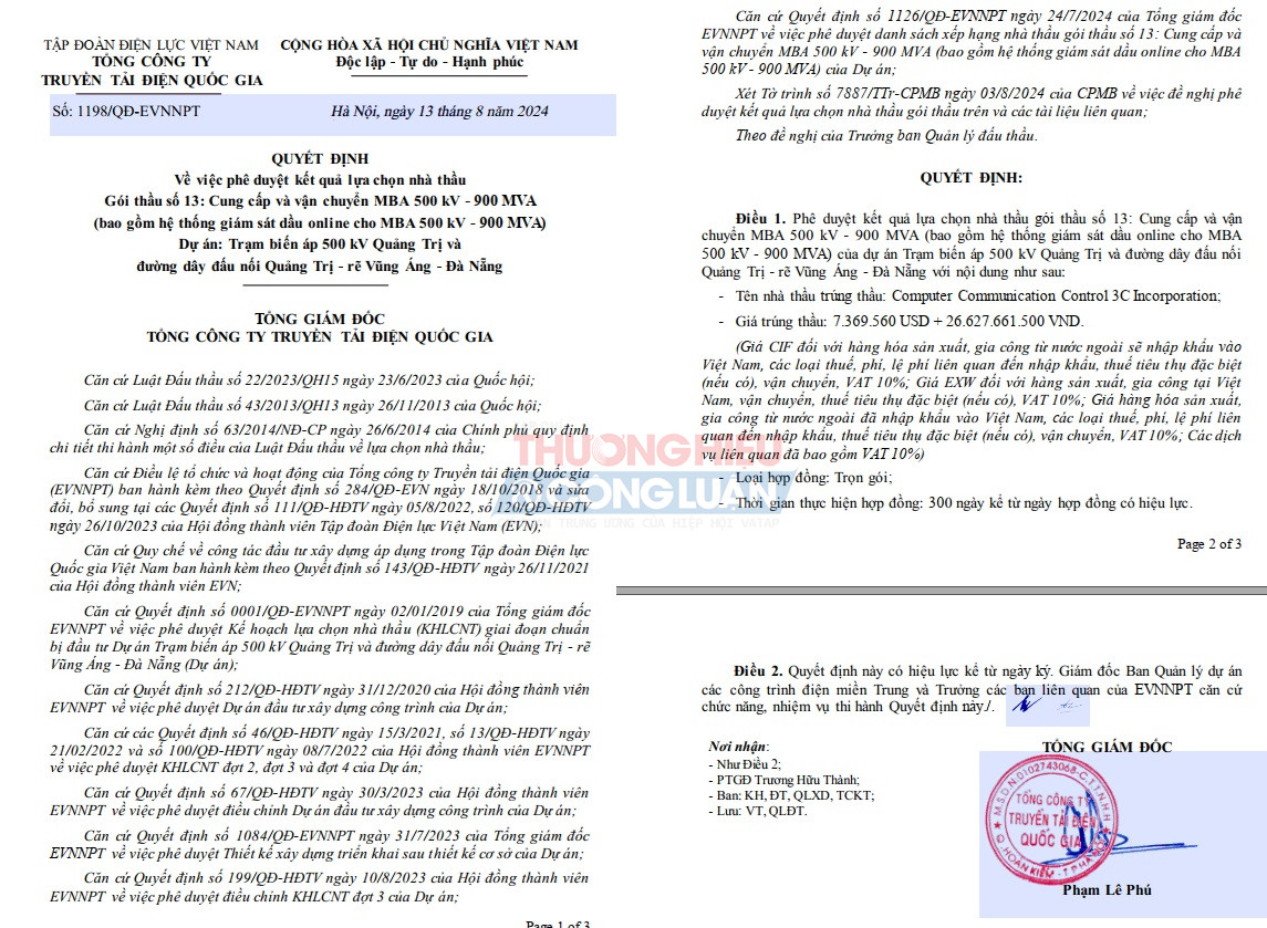ông Phạm Lê Phú – Tổng Giám đốc Tổng công ty truyền tải điện Quốc gia đã ký quyết định số 1198/QĐ-EVNNPT phê duyệt kết quả lựa chọn 3C INC