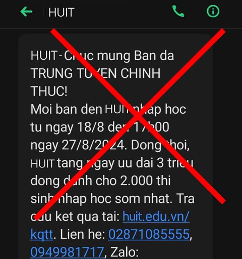 Tin nhắn lừa đảo mà một số tân sinh viên của Đại học Công thương TP. Hồ Chí Minh nhận được