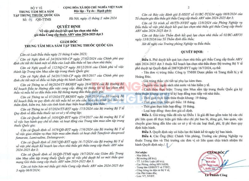 Quyết định lựa chọn Công ty Hoàng Đức là nhà thầu trúng gói thầu Cung cấp thuốc ARV năm 2024 – 2025 đợt 3 với giá trúng thầu là 246.656.709,343 đồng
