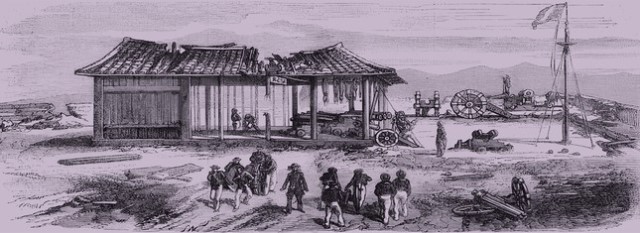 Tranh vẽ quang cảnh bên trong thành Điện Hải khi liên quân Pháp - Tây Ban Nha chiếm đóng sáng 1/9/1858.