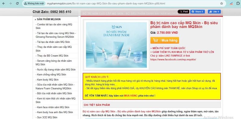 “Bộ trị nám cao cấp MQ Skin - Bộ siêu phẩm đánh bay nám MQSkin” có mức giá khá cao 2.750.000 đồng