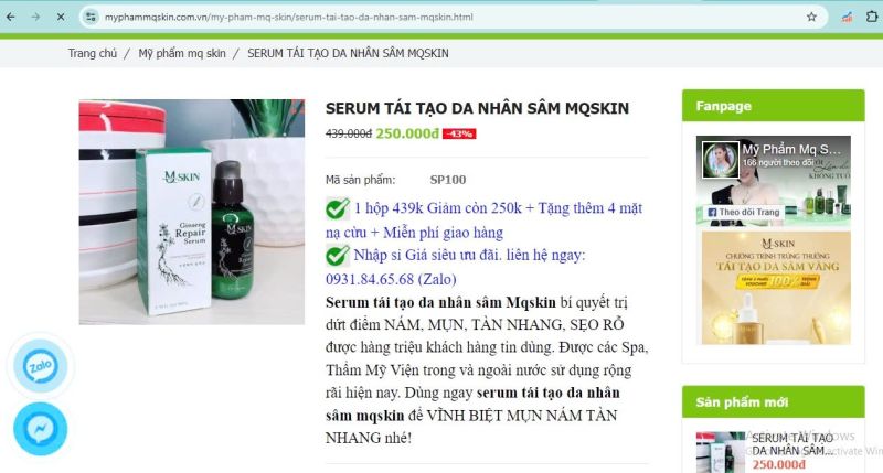 Sản phẩm “Tái tạo da nhân sâm MQ Skin” được quảng cáo như thuốc trị nám, mụn...