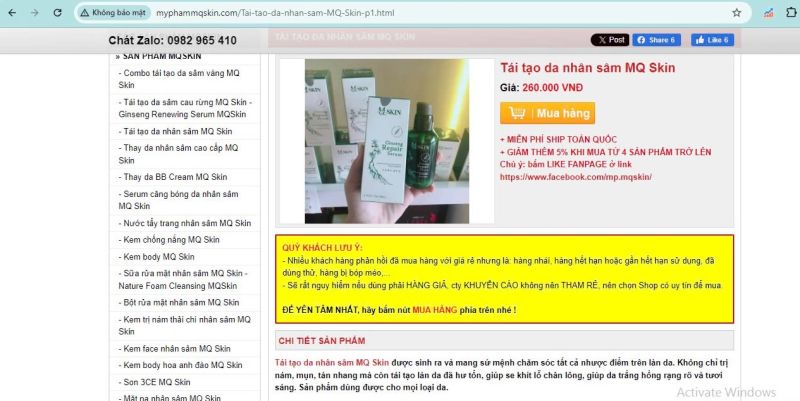 “Tái tạo da nhân sâm MQ Skin” có giá 260.000 đồng quảng cáo với nhiều