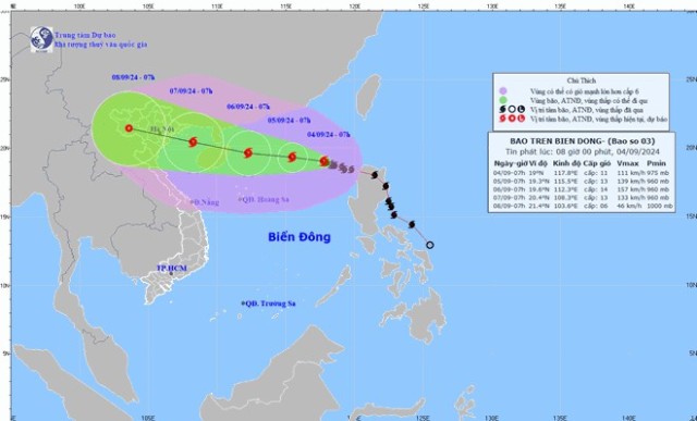 Cập nhật vị trí và đường đi bão số 3 lúc 8 giờ ngày 4/9.