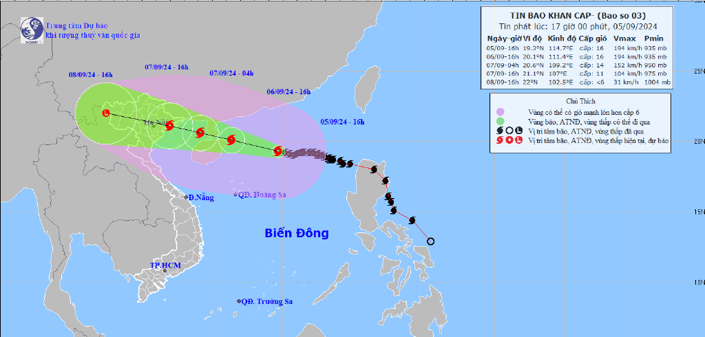 Dự báo đường đi của bão số 3.