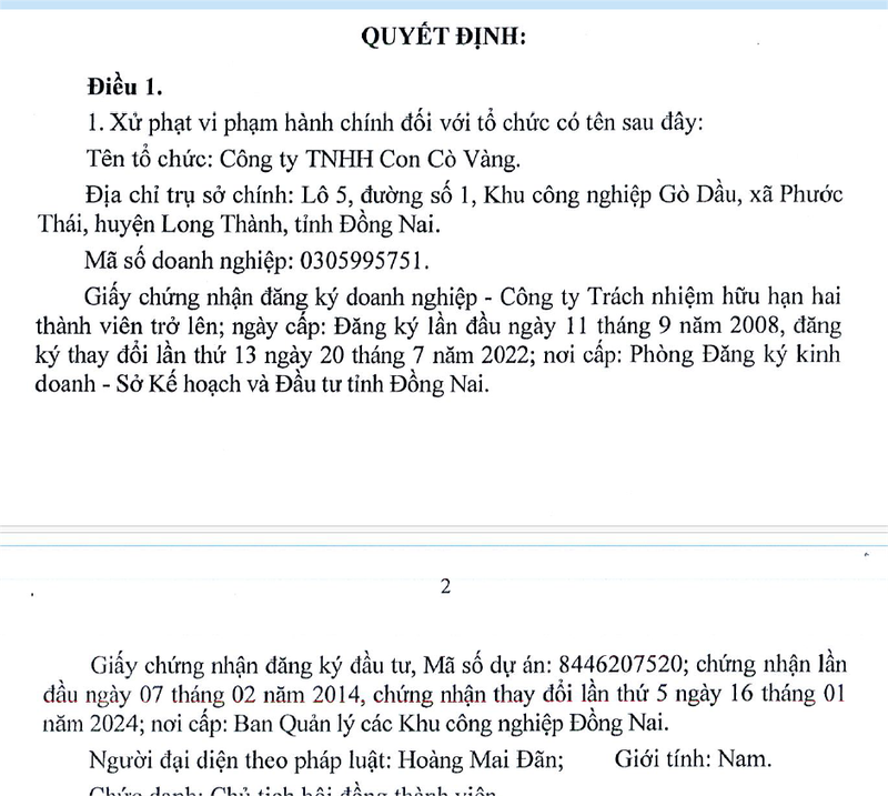 Một phần quyết định xử phạt của UBND tỉnh Đồng Nai