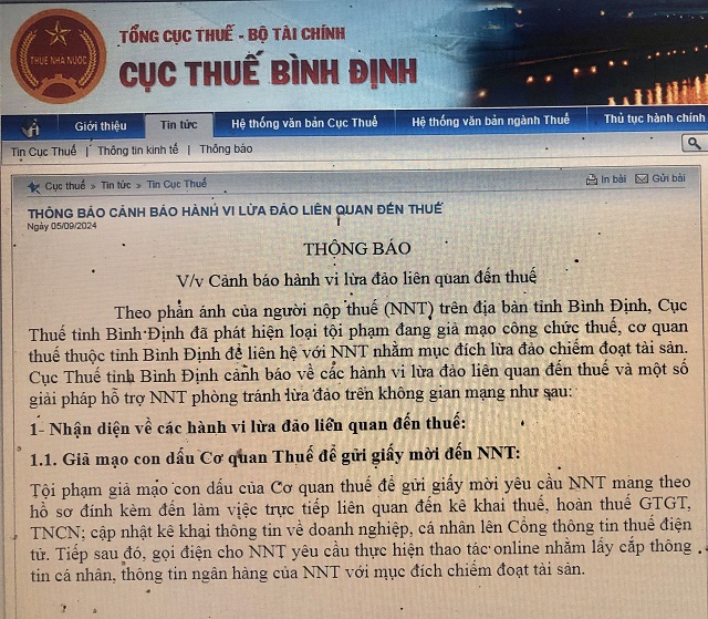 Thông báo của Cục Thuế tỉnh Bình Định về hành vi lừa đảo liên quan đến thuế. Ảnh; V.H