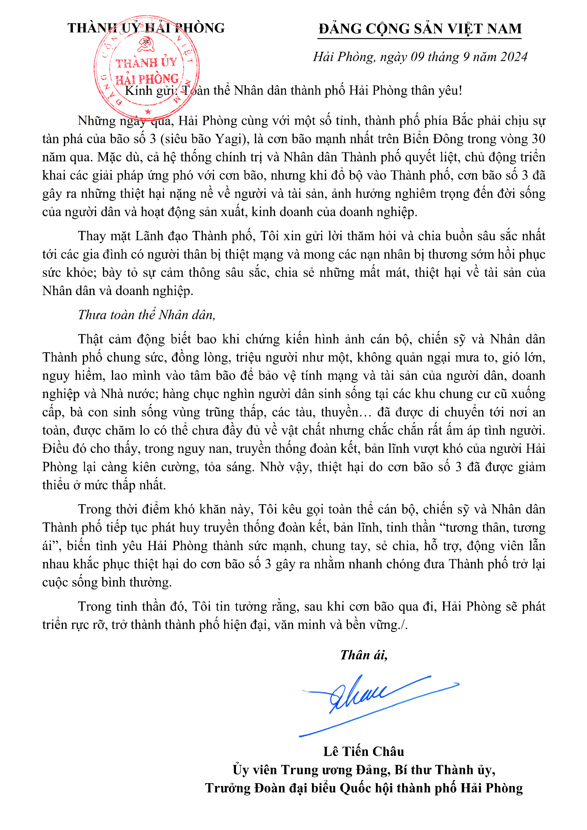 đồng chí Lê Tiến Châu, Ủy viên Trung ương Đảng, Bí thư Thành ủy, Trưởng Đoàn đại biểu Quốc hội Hải Phòng có thư gửi toàn thể Nhân dân thành phố