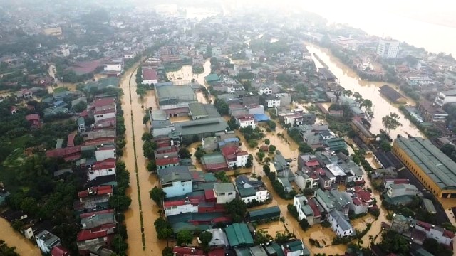 TP Yên Bái khu vực ven sông Hồng ngập trong biển lũ. Nguồn: Truyền hình Yên Bái.