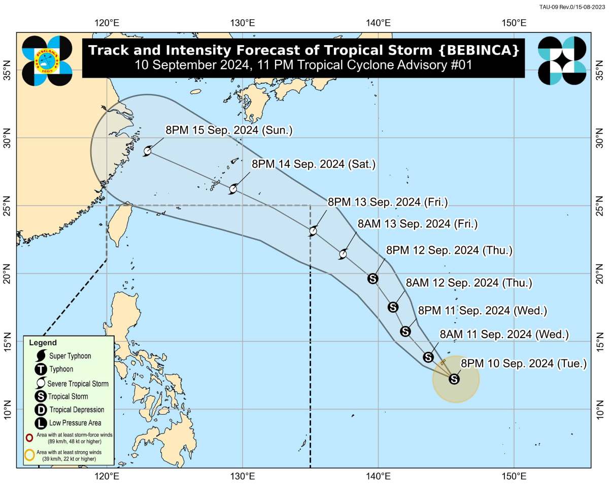 Dự báo đường đi của bão Bebinca đến ngày 15.9.2024. Ảnh: PAGASA