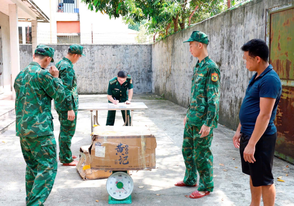 Lực lượng chức năng kiểm tra tang vật. Ảnh: Trần Tương