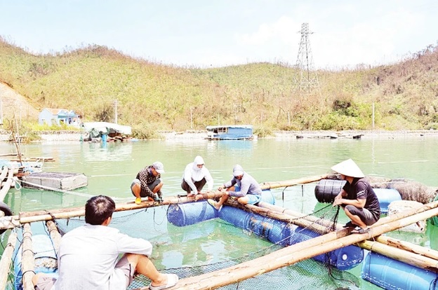 Ngư dân tỉnh Quảng Ninh đan lại lưới, sửa bè để tái sản xuất. (Ảnh THANH VÂN)