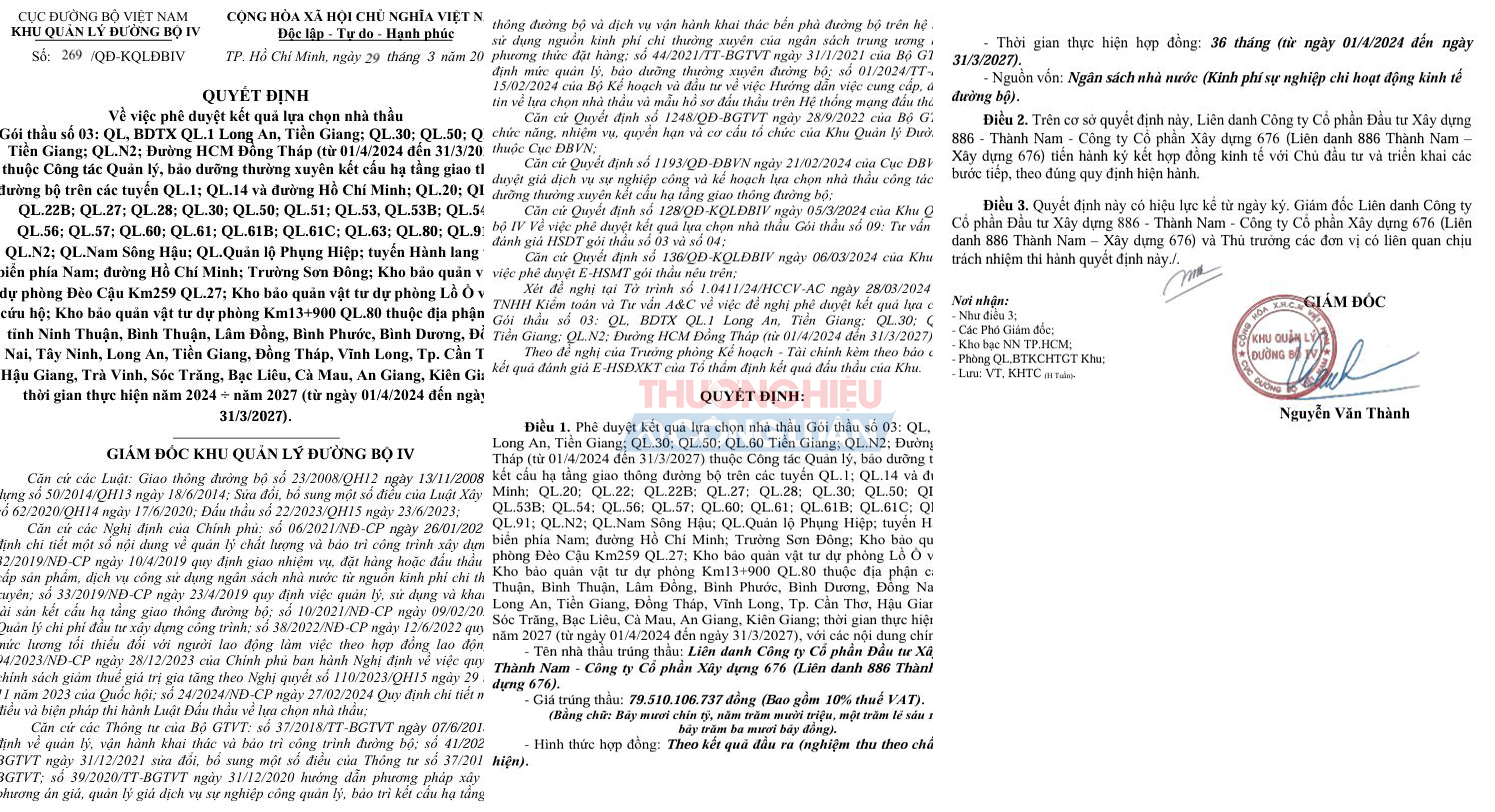 Ông Nguyễn Văn Thành – Giám đốc Khu Quản lý đường bộ IV đã phê duyệt kết quả lựa chọn nhà thầu Gói thầu số 02 và Gói thầu số 03 với tỷ lệ tiết kiệm rất thấp cho ngân sách Nhà nước.