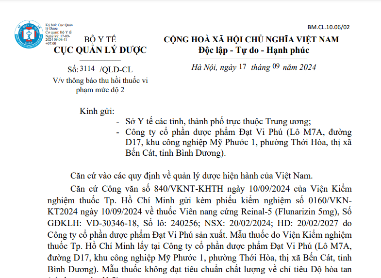 Một phần Công văn số 3114/QLD-CL của Cục Quản lý Dược