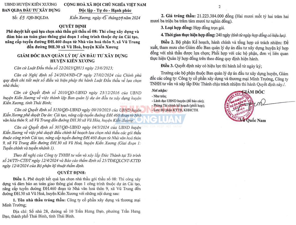 Ông Vũ Quốc Nam – Giám đốc Ban QLDA ĐTXD huyện Kiến Xương ký Quyết định số 69/QĐ-BQLDA ngày 15/4/2024 cho Công ty Minh Trường trúng Gói thầu số 08: Thi công xây dựng và đảm bảo an toàn giao thông giai đoạn 1 công trình với giá trúng thầu 21.223.384.000 VND, giảm cho ngân sách 14,5 triệu đồng - đạt tỷ lệ tiết kiệm 0,06% so với giá gói thầu.