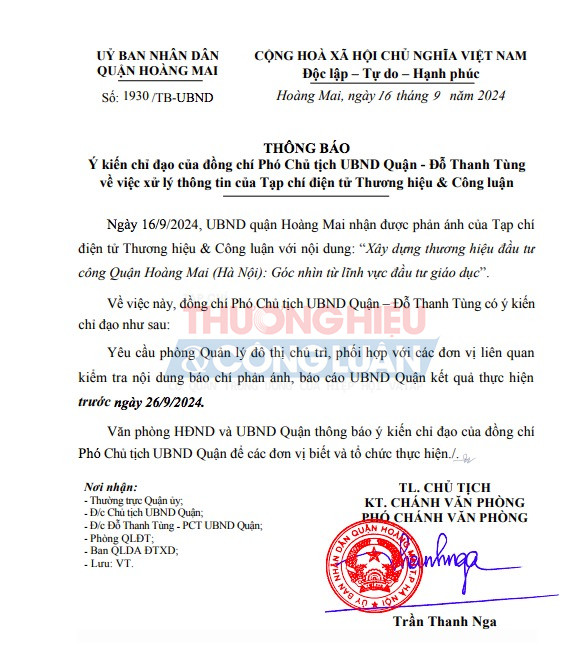 Chỉ đạo của UBND quận Hoàng Mai sau bài viết