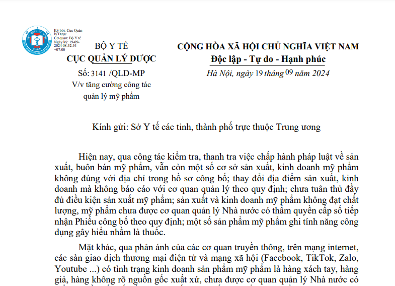 Một phần văn bản số 3141/QLD-MP của Cục Quản lý Dược