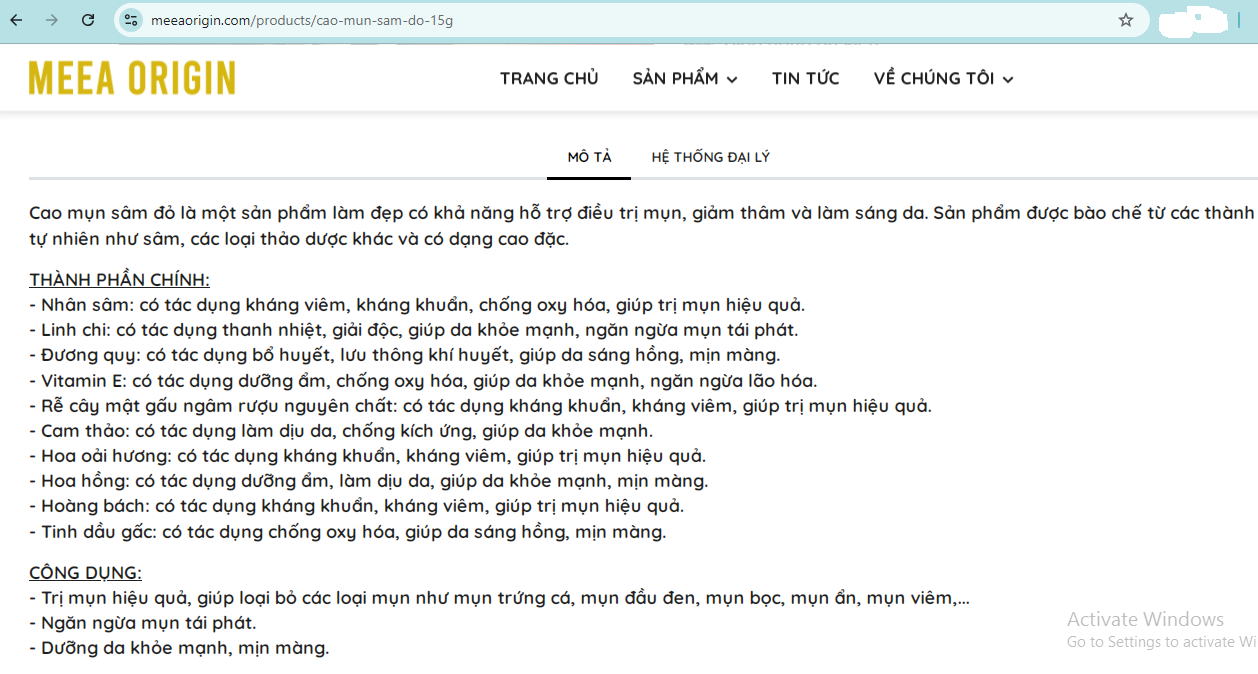 Sản phẩm “Cao mụn sâm đỏ 15g” được quảng cáo có tác dụng “trị mụn hiệu quả”